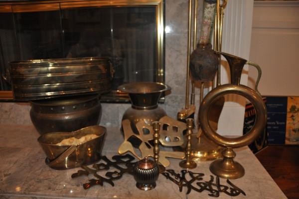 Vintage brass & antique cast iron cow bell: Vintage brass & antique cast iron cow bell: 5 piece fireplace tools, spittoon, basket, planter, rectangular planter with iron handles, pomander, unusual vase, pair of candle sticks, 3 Asian trivets, 2