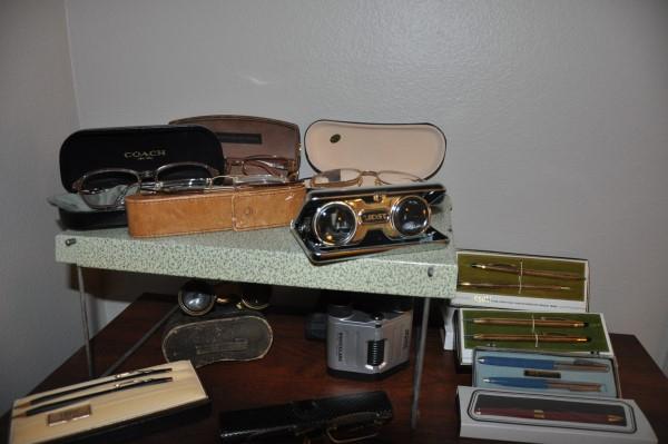 Collection of pens, binoculars: Collection of pens, binoculars: 2 gold filled & 1 Black Cross pencil & pen sets, Shaffer pen & pencil set, pair of Vivitar binoculars, pair of travel binoculars, antique mother-of-pearl opera glasses