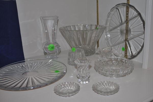 11 pressed & cut crystal: 11 pressed & cut crystal: toothpick holder, votive, ashtray, relish dish, small platter, large bowl, vase, fish, nut bowls, 20th century