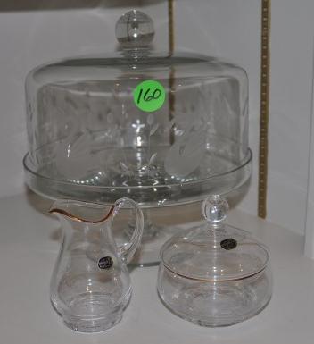Etched crystal: Etched crystal covered cake plate, Bohemia glass from Czech creamer & covered sugar, 20th century