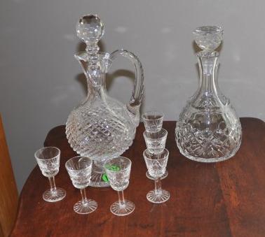 Collection of lead crystal & press glass: 1 cut lead crystal ewer & 1 press glass decanter, 6 pressed glass cordials, 20th century