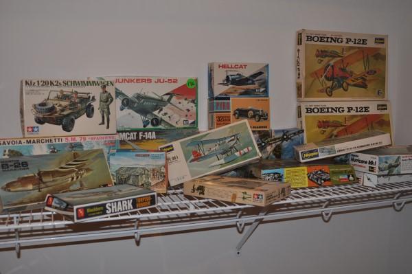 Collection of vintage models: Collection of vintage models: US Army Boeing P-12E, Navy Tactical Fighter, Classic Cars, Assault Tank, Sunderland 3, mid 20th century