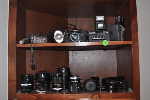 Assortment of cameras & equipment: Assortment of cameras & equipment: Edixa 16 camera, Nikon Fun Touch 6, Olympia Stylus Epic Zoom 115 Delux, Cannon AE 234720, Nimslo 3D with Opti-lite flash, Polaroid Land Camera #440, Cannon Photura C