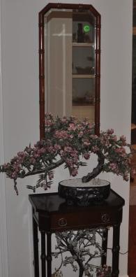 Asian style mahogany furniture: Asian style mahogany console table with beveled mirror & Asian decorative potted plants