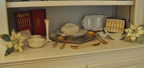 Collection of Lenox & gold flatware: Collection of Lenox & gold flatware: relish dish, shell dip & chip set, sea shell appetizer plate, 2 rose blossom bowls, bud vase, swan dish, bird dish, gold tone stainless by Prescent set of 6 teaspo