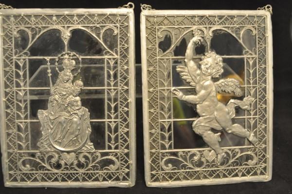 Pair of lead & glass wall hangings: Pair of lead & glass wall hangings, 1 is an angel & 1 is Baby Jesus 6" x 8", mid 20th century
