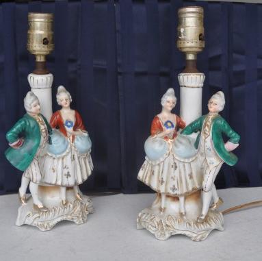 Pair of porcelain figurine vases converted to lamps,: Pair of porcelain figurine vases converted to lamps, made in Occupied Japan 11" h, mid 20th century