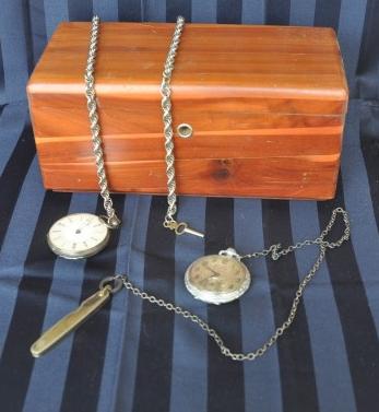 1 antique silver tone pocket watch & 1 stop watch: 1 antique silver tone pocket watch, 1 stop watch & small cedar chest from Hurwitz Mintz made by Lane, watch 1st watch-Cylinder Huit Rubis, Vacheron Geneva with chain & small key, 2nd watch Illinois Wa
