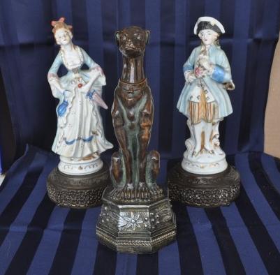 Pair of bisque figurines & earthenware statue of a dog: Pair of bisque figurines & earthenware statue of a dog 9 1/2" h, early 20th century