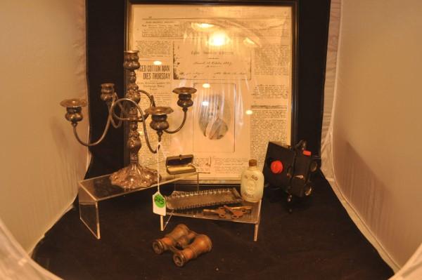 Assortment of interesting collectibles: Assortment of interesting collectibles: 5 arm silver plate candle opera, small silver plate tray by Reed & Barton, 2 old clock keys & 1 skeleton key, white glass bottle with "Good Night" engraved, Jum