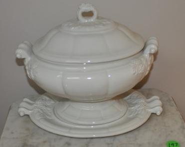 Beautiful white ironstone tureen with lid & platter: Beautiful white ironstone tureen with lid & platter made by Red Cliff , 20th century