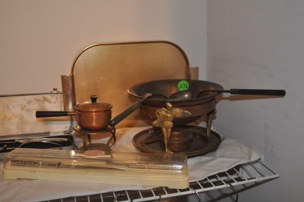 Antique copper chaffer, 2 cream brulee ladles, misc.: Antique copper chaffer, 2 cream brulee ladles, silver plate covered dish, small copper pot with lid on stand, gold tray, 2 carving sets, 20th century