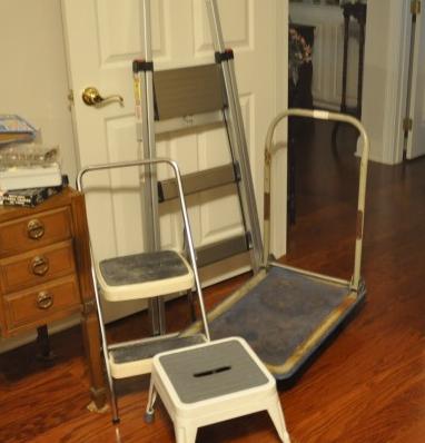 2 step ladders 3', 24", 1 step stool, 1 card table,: 2 step ladders 3', 24", 1 step stool, 1 card table, small dolly