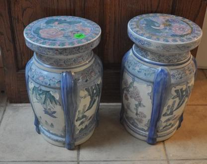 Pair of Asian porcelain garden stools: Pair of Asian porcelain garden stools 9" round x 16" h, 20th century