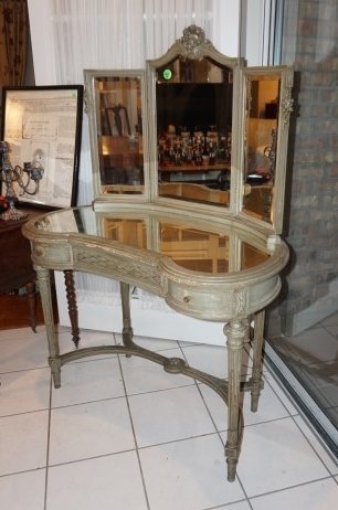 Vintage French style painted vanity with mirrored top,: Vintage French style painted vanity with mirrored top, tri-fold mirror 40" l x 17" d x 57" h, 20th century
