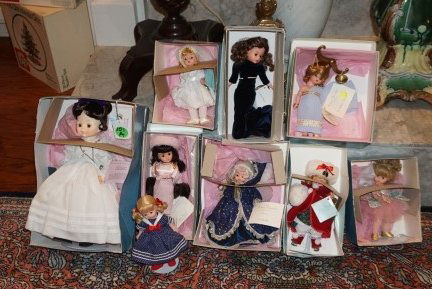Madam Alexander Dolls, most in original boxes with pink: Madam Alexander Dolls, most in original boxes with pink silk paper: Celine Dion #15240, Libra #21390, Tinker bell #140467, Sailor Girl #26045, Jackie Shadow #17460 (box is missing), Cinderella #13430,
