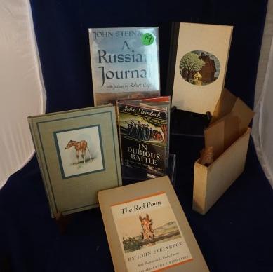 5 books by John Steinbeck:: 5 books by John Steinbeck: A Russian Journal with pictures by Robert Capa, First Edition 1948, In Dubious Battle, The Modern Library, The House of the Seven Gables with book sleeve, introduction by Va
