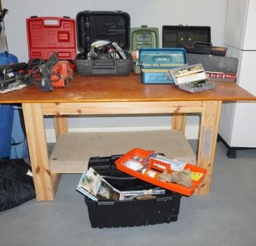 DIY work table with power tools:: DIY work table with power tools: tool box with woodworking tools, Craftsman drill & circular saw, socket wrench set, Black & Decker hand sander & jig saw, tool boxes with misc. tools, 20th century