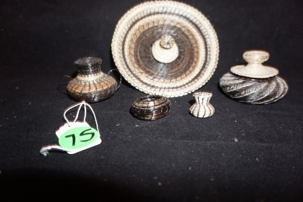 5 Shoshone horse hair baskets by Betty Rogers:: 5 Shoshone horse hair baskets by Betty Rogers: shallow basket with white & brown decorations, center of basket is white 6" x 1", small basket with horse hair handles 2 1/2" x 1 1/2", basket with white