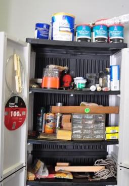 Contents only of 2 cabinets & work bench:: Contents only of 2 cabinets & work bench: hand tools, work gloves, cords, electrical stapler, glue gun, lot of screws, nails, small air compressor, sand paper, 20th century