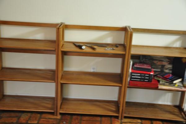 3 mahogany collapsible book shelfs 27" w x 12" d x 41": 3 mahogany collapsible book shelfs 27" w x 12" d x 41" h, 20th century