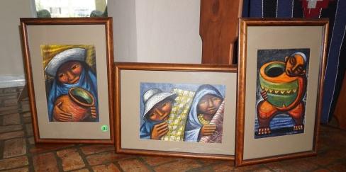 3 framed oil pastels by Mexican artist Raphael Moises": 3 framed oil pastels by Mexican artist Raphael Moises" Man with Water Pitcher, Man & Woman with Fabrics, Man with a Large Bowl, signed Moises R. lower right corner, site 10" by 14", 20th century