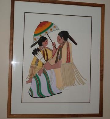 Original art by Virginia Stroud, gouache "Untitled: Original art by Virginia Stroud, gouache "Untitled Girls at Work" 24" x 25", Of Cherokee and Creek descent, Virginia Alice Stroud was born March 13, 1951 in Madera, California. She was educated in pub