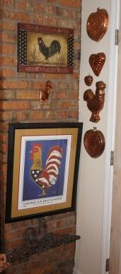 Roosters & copper molds:: Roosters & copper molds: Framed rooster print "American Roux-ter" artist signed by Stephen Rue, number 74/500, marked WYES, copper duck head hook, 5 copper molds, rooster wall plaque