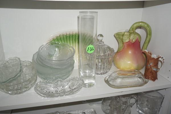Assortment of glass, pottery & porcelain:: Assortment of glass, pottery & porcelain: Pitchers, vases, large baskets, platters, plates, porcelain umbrella stand