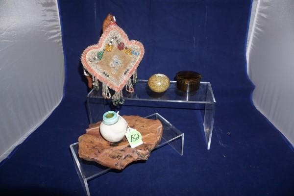 Interesting Native American collectibles:: Interesting Native American collectibles: tortoise shell trinket box, stone trinket by with turtle design on top, artist signed, very old hand beaded medallion, stone display rock, pottery vase signed