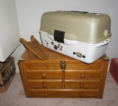 Wood jewelry box with multiple drawers & tackle box: Wood jewelry box with multiple drawers & tackle box filled with sewing items and a boot jack