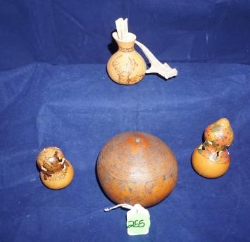 Collection of gourd bowls & decorative pieces:: Collection of gourd bowls & decorative pieces: vase with bone handle made by Donna Shaw "Wild Child" design, etched gourd, 2 small decorative gourds with removal etched tops, artist signed, 20th centu