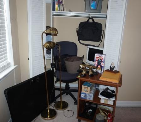 Office items:: Office items: rolling chair 7 printer table, 2 brass floor lamps and 1 table lamp, office supplies, brief case, book ends, old computer