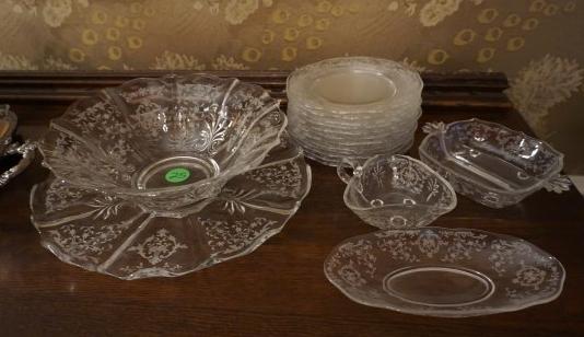 Etched Elegant glass, possibly Cambridge: Etched Elegant glass, possibly Cambridge: 12 small plates, large bowl with platter, 1 divided dish, nappie, oval bowl, 20th century