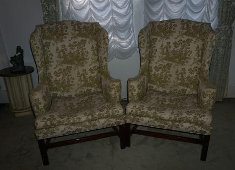 Pair of upholstered wing back chairs by Kittinger: Pair of upholstered wing back chairs by Kittinger: green & beige toile with pale green velvet on back, straight mahogany legs 32" w x 24" d x 45" h, mid 20th century