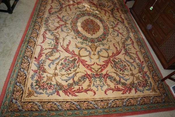 Large French area rug with floral design: Large French area rug with floral design, center medallion, rust, green, black, blue, made by Broadloom Imports, 200 x 300, 80" x 118", 20th century