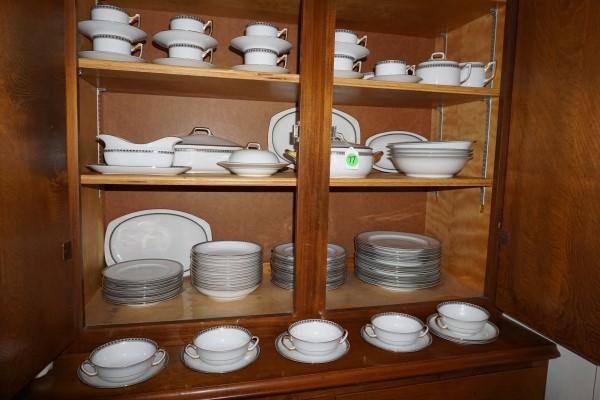 Set of black & gold china "Epiag" Czechoslovakia: Set of black & gold china "Epiag" Czechoslovakia: 12 dinner plates, 12 salad plates, 8 dessert plates, 12 cream soups, sugar, creamer, 4 consommes with liners, 9 cups with saucers, 2 large & 1 small o