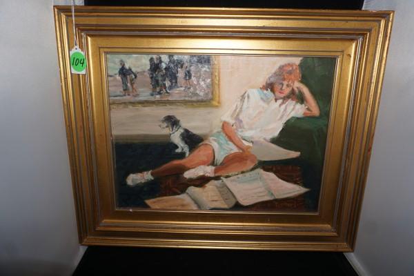 Original oil painting by James Frances Roy Pfister: Original oil painting by James Frances Roy Pfister (Covington, LA 1930-2018): Original oil painting on board of a young girl reading with dog, gold framed, signed lower right, site 15 1/2" x 11 1/2", 