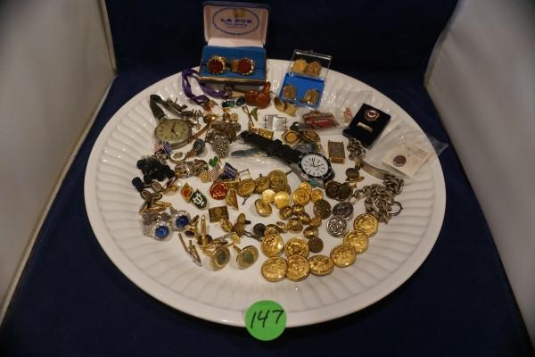 Men's jewelry & watches: Men's jewelry & watches: New Haven Compensated pocket watch, Acqua watch, Marvin watch face, brass buttons, many sets of cuff links, tie tacs, pins, medals, Krementz tie tacks & cuff links, 20th centu