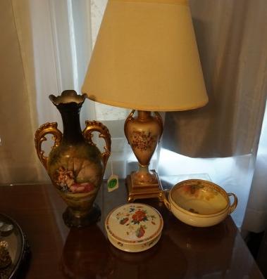 Collection of porcelain: Collection of porcelain: Vase with double handles, gold trim "Victoria" Austria 14" h, hand painted boudoir lamp 23" h, covered box by Limoges, Nippon hand painted candy dish, 20th century