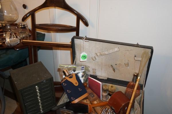 Vintage suitcase with contents & mahogany silent butler: Vintage suitcase with contents & mahogany silent butler: contents include 2 flasks, 2 old fashion shaving brushes, wood shoe stretchers, 20th century