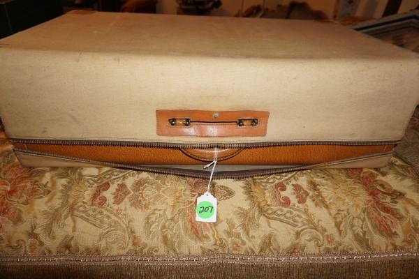 Luggage by "Lido", leather suitcase with canvas cover: Luggage by "Lido", leather suitcase with canvas cover 29" w x 17" d x 9" h, 20th century