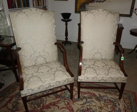Pair of upholstered parlor chairs, mahogany arms,: Pair of upholstered parlor chairs, mahogany arms, straight legs, possibly by Kittinger 25" w x 23" d x 4' h, 20th century