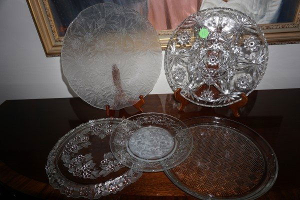 Crystal & glass serving pieces:: Crystal & glass serving pieces: press cut divided serving platter, 2 serving platters, crystal dish, cake plate, 20th century