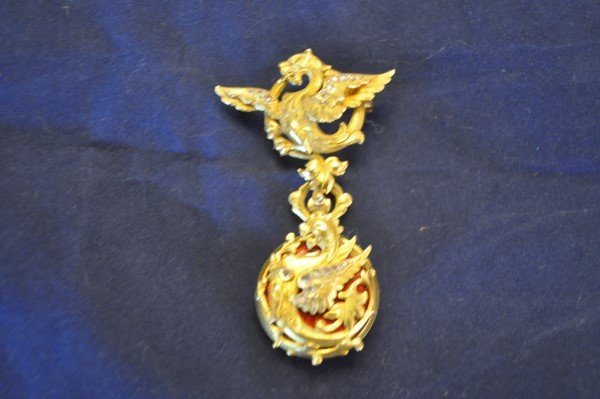 Antique Ruby double dragon broach & LeCoultre a watch:: Antique 18K gold Antique Guilloche Ruby Enamel, Diamond and 18 Karat Yellow Gold Lapel with LeCoultre a CIE watch, 19th century