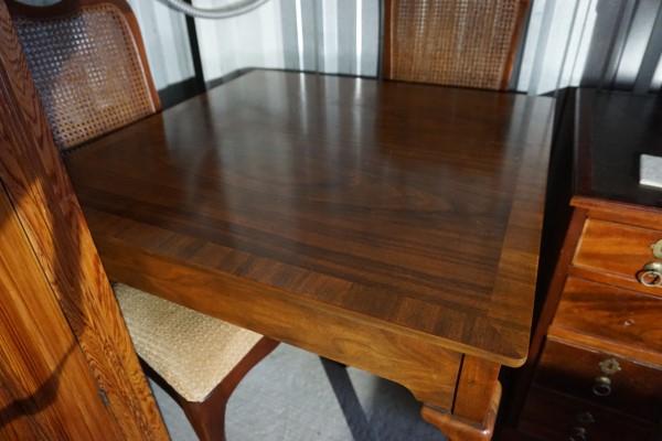 Mahogany games table, Queen Anne feet with 4: Mahogany games table, Queen Anne feet with 4 upholstered chairs with rattan backs, 2 arm chairs & 2 side chairs-table 34" square x 29" h, chairs 22" w x 18" d x 39" h, mid 20th century
