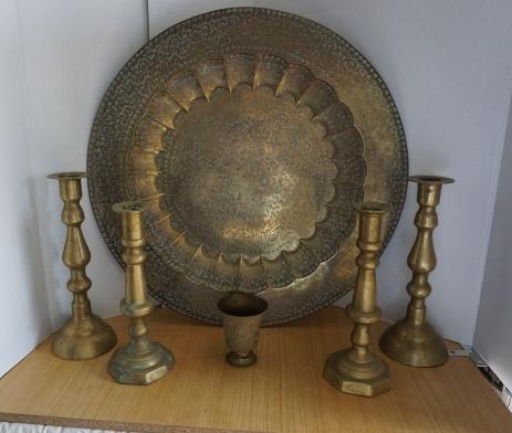 Assortment of brass: large tray 23" d, 2 pairs of: Assortment of brass: large tray 23" d, 2 pairs of candle sticks, brass tumbler, 20th century