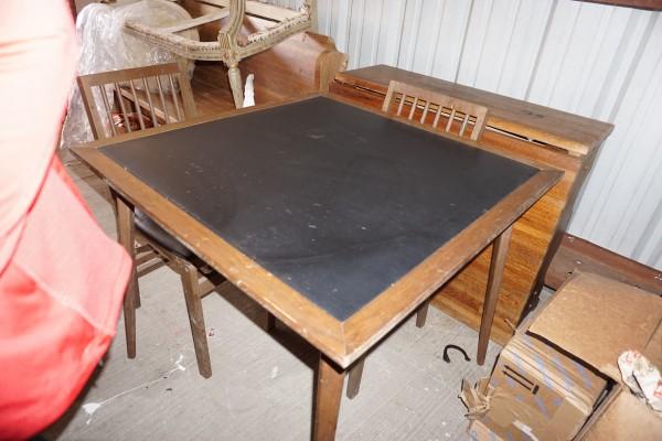 Leather-like top card table with 4 folding chairs: Leather-like top card table with 4 folding chairs with leather-like upholstered seats, 20th century