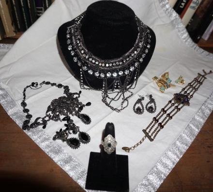 3 short choker style necklaces & earings with black: 3 short choker style necklaces & earings with black stones & crystals, ring with black stone, 3 piece set with broach & pair of earrings with red, white & blue stones, 20th century