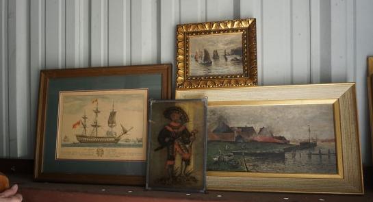 3 interesting prints: 3 interesting prints: 1 print of a village scene from D. H. Holmes, New Orleans, 1 painted glass panel, 20th century